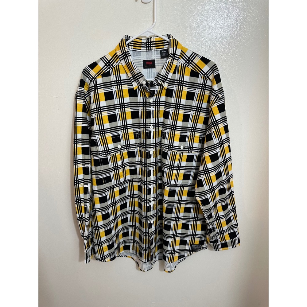 Levis Mens Plaid Button Down Shirt Yellow Black White Long Sleeve Medium